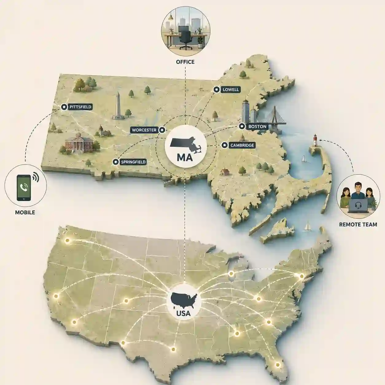 Massachusetts state outline with icons for mobile, office, remote team and call center connected to a central phone pin